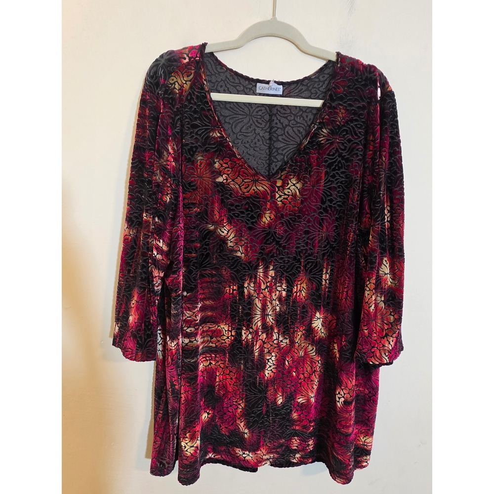 Catherines Burnout Velvet Tunic Top Burgundy Red Floral V-Neck 3/4 Sleeve 3X